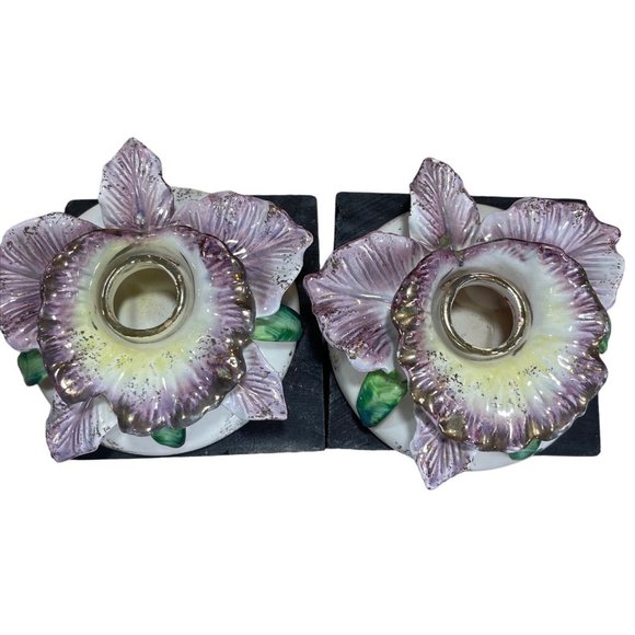 Vtg Set of 2 Commodore Japan Porcelain Purple Flower Candle Holders w/ Stoppers - Picture 4 of 9